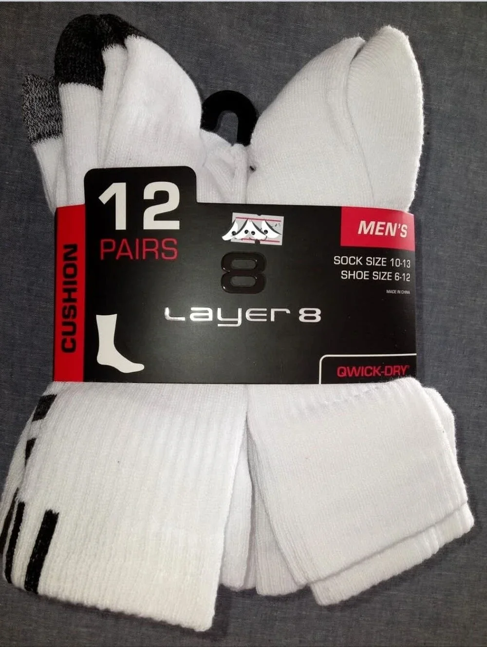 Layer 8 Men’s Cushion Crew Socks - White with Gray & Black Accents (12 Pairs)
